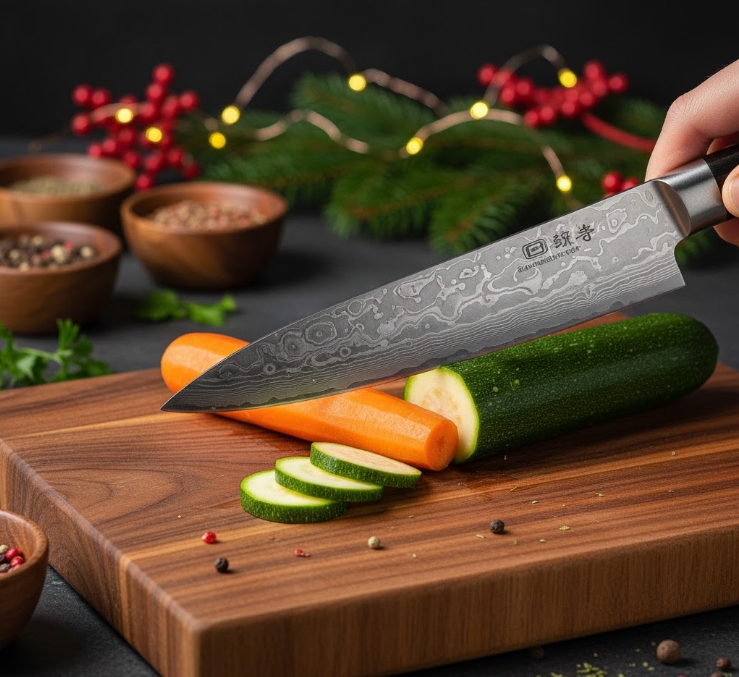Kvaliteetne Jaapani nuga lõikab porgandit ja suvikõrvitsat puidust lõikelaual – praktiline jõulukingitus köögile.