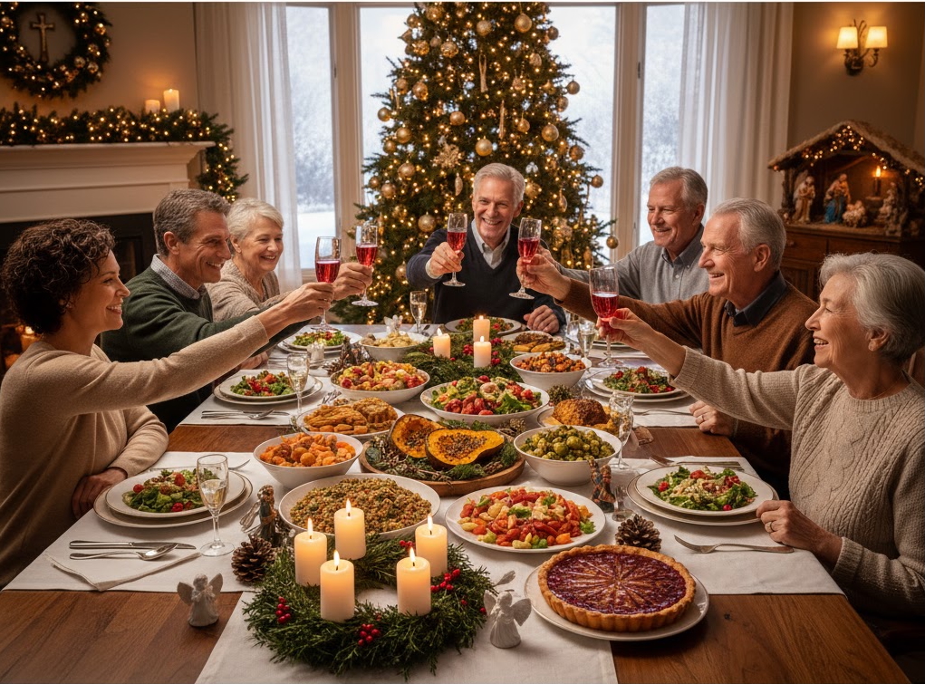 Pere istub kaunistatud jõululaua ümber, naudib õhtusööki ja tõstab pokaalid terviseks – soojad jõulutunded ja kodune meeleolu.