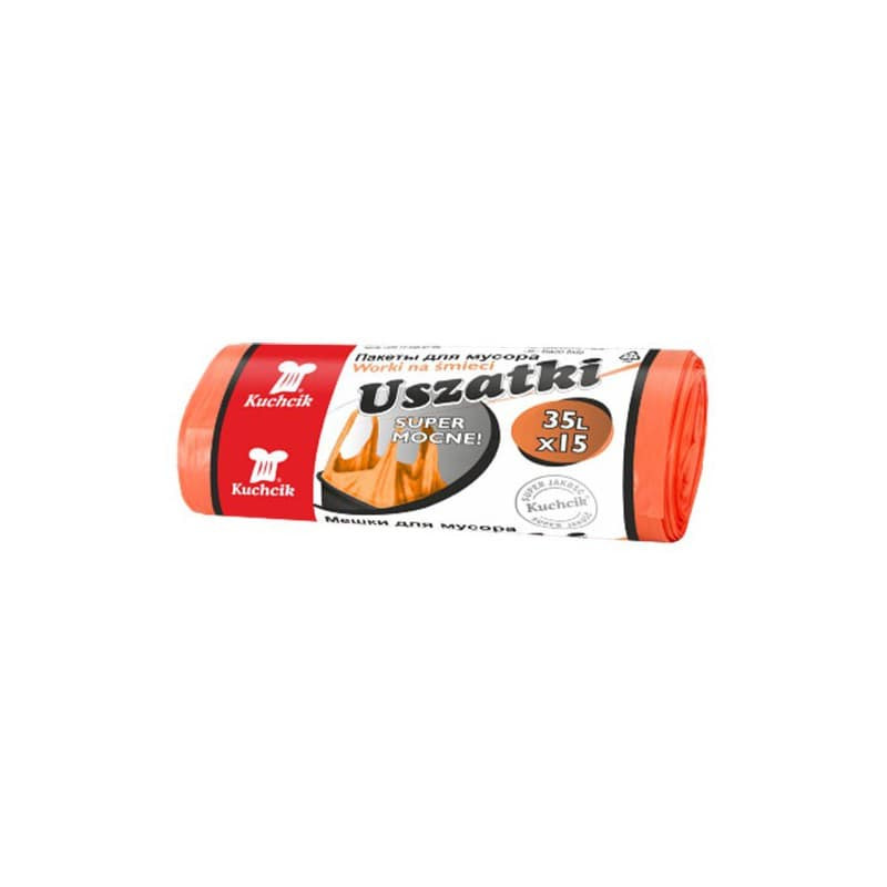 siuksliu-maisai-su-rankenomis-kuchcik-oranziniai-13-mikronu-35l-15vnt Kuchcik prügikotid käepidemetega, oranžid, 35L, 15 tk. | 13 mikronit - Image 1