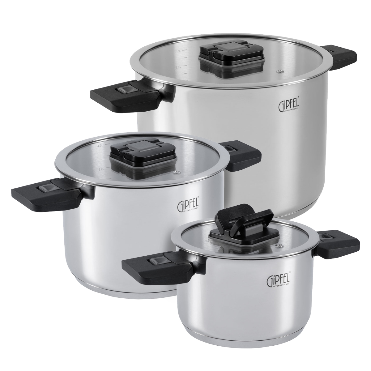 271yza7dml1uoa34nlu6307jsavra4es GIPFEL Puodų rinkinis Compact 51812 | 6 dalys, Plienas 18/10, Sulankstomos rankenos