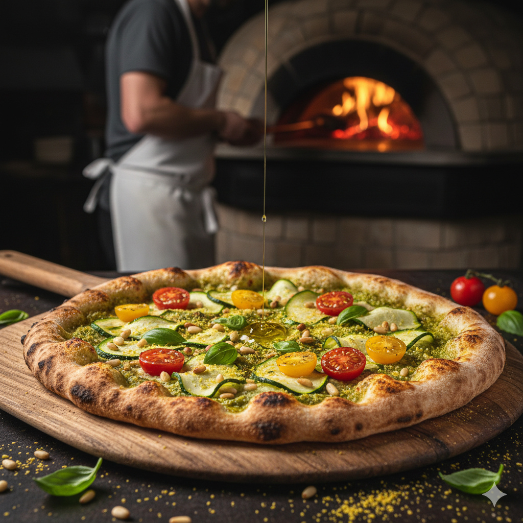 Tervislik vegan pitsa basiilikupesto, kirsstomatite, suvikõrvitsa ja seedermänniseemnetega