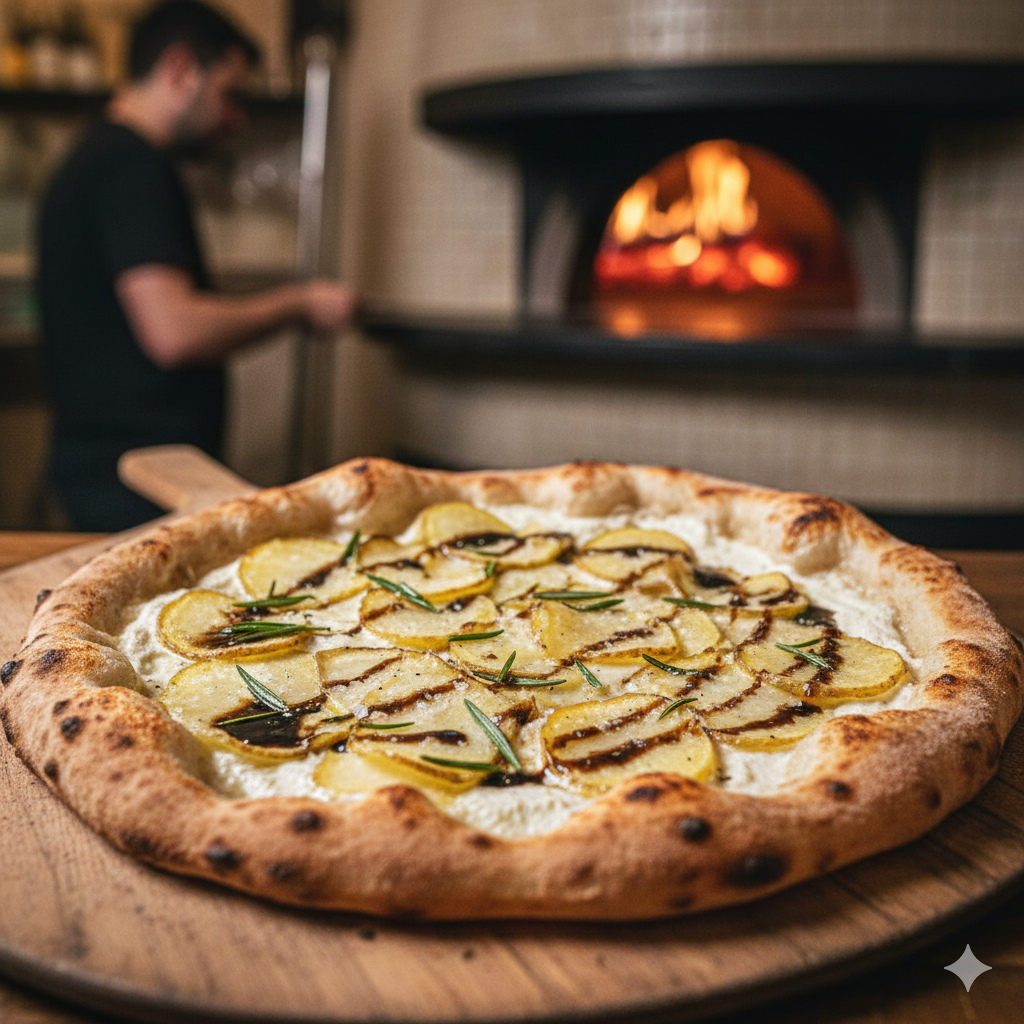 Gurmante stiilis valge vegan pitsa õhukeste kartuliviilude, rosmariini ja trühvliõliga