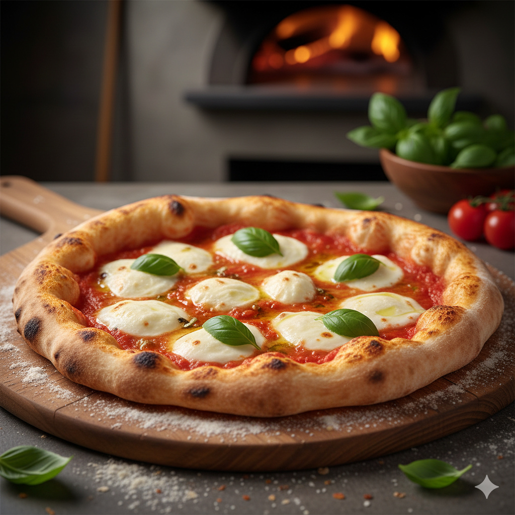 Traditsiooniline vegan Margherita pitsa värske basiiliku ja taimse mozzarellaga puidust pitsalabidal