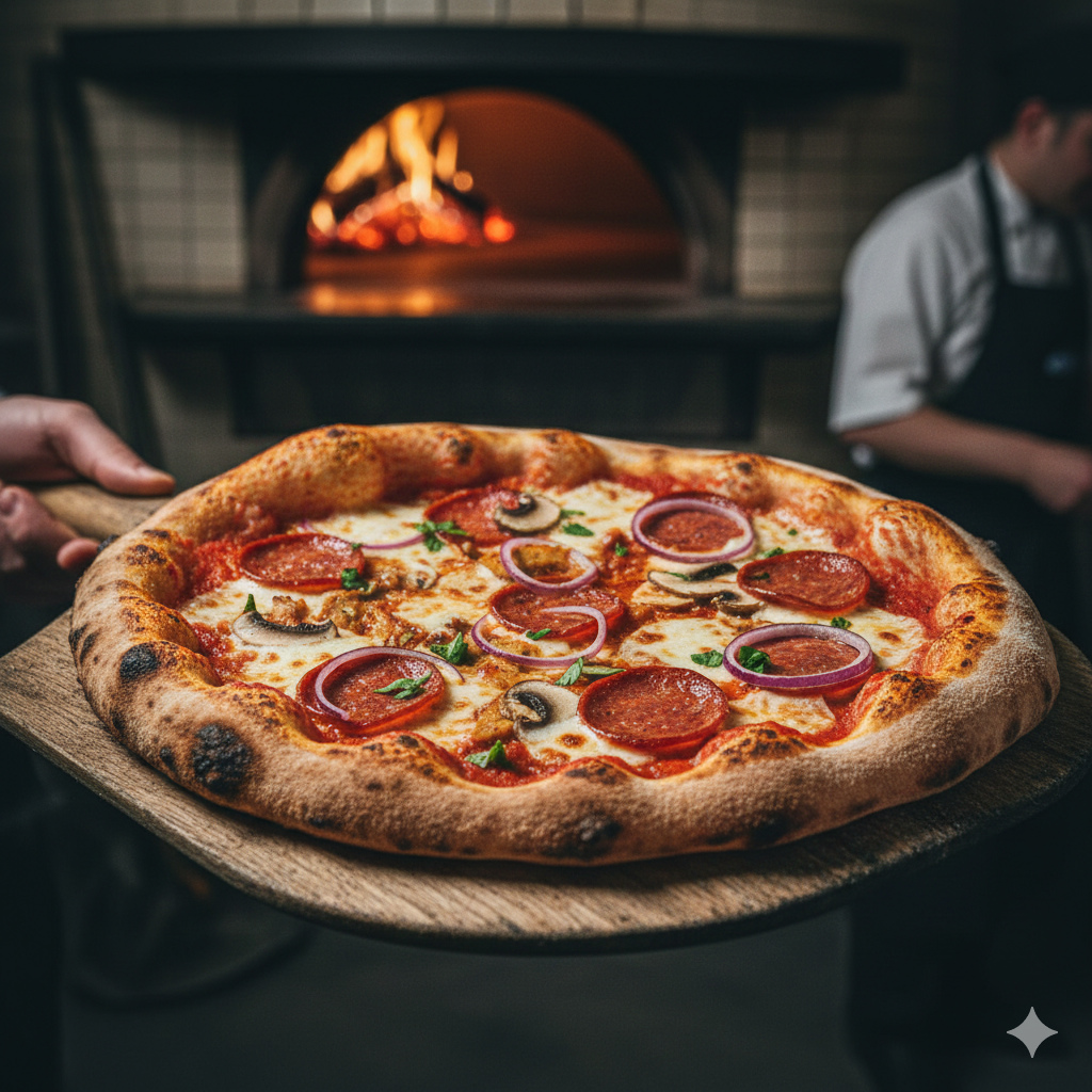 Rikkalik vegan pitsa taimse pepperoni, seitaniviilude, punase sibula ja seentega