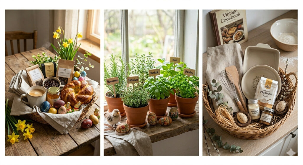 Kollaaž lihavõttekingitustest: hommikusöögikorv käsitöökeraamika ja kevadiste lilledega, maitsetaimed pottides aknalaual ning kodune küpsetuskomplekt linase põlle ja keraamiliste vormidega.