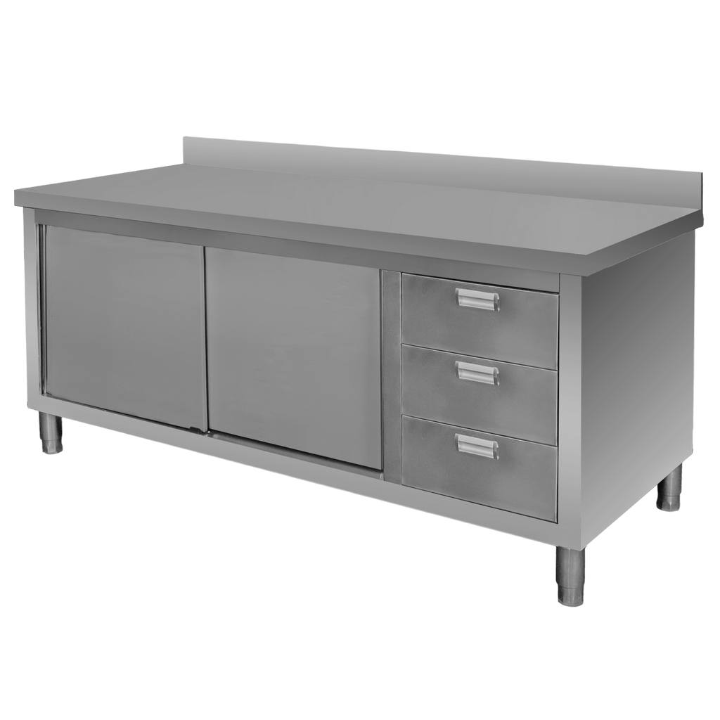 MTP005104 Nerūdijančio plieno suvirintas sieninis stalas su spinta ir 3 stalčiais Mega-M 180x70x85 cm