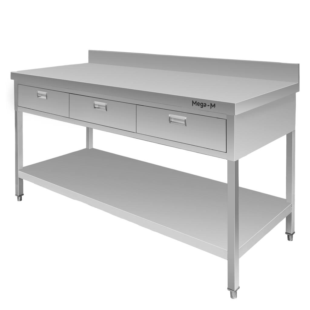Stol-gastronomiczny-ze-stali-nierdzewnej-przyscienny-z-polka-i-3-szufladami-Mega-M-150x70x85-cm-MTP001731-7 Nerūdijančio plieno sieninis gastronominis stalas Mega-M su 3 stalčiais