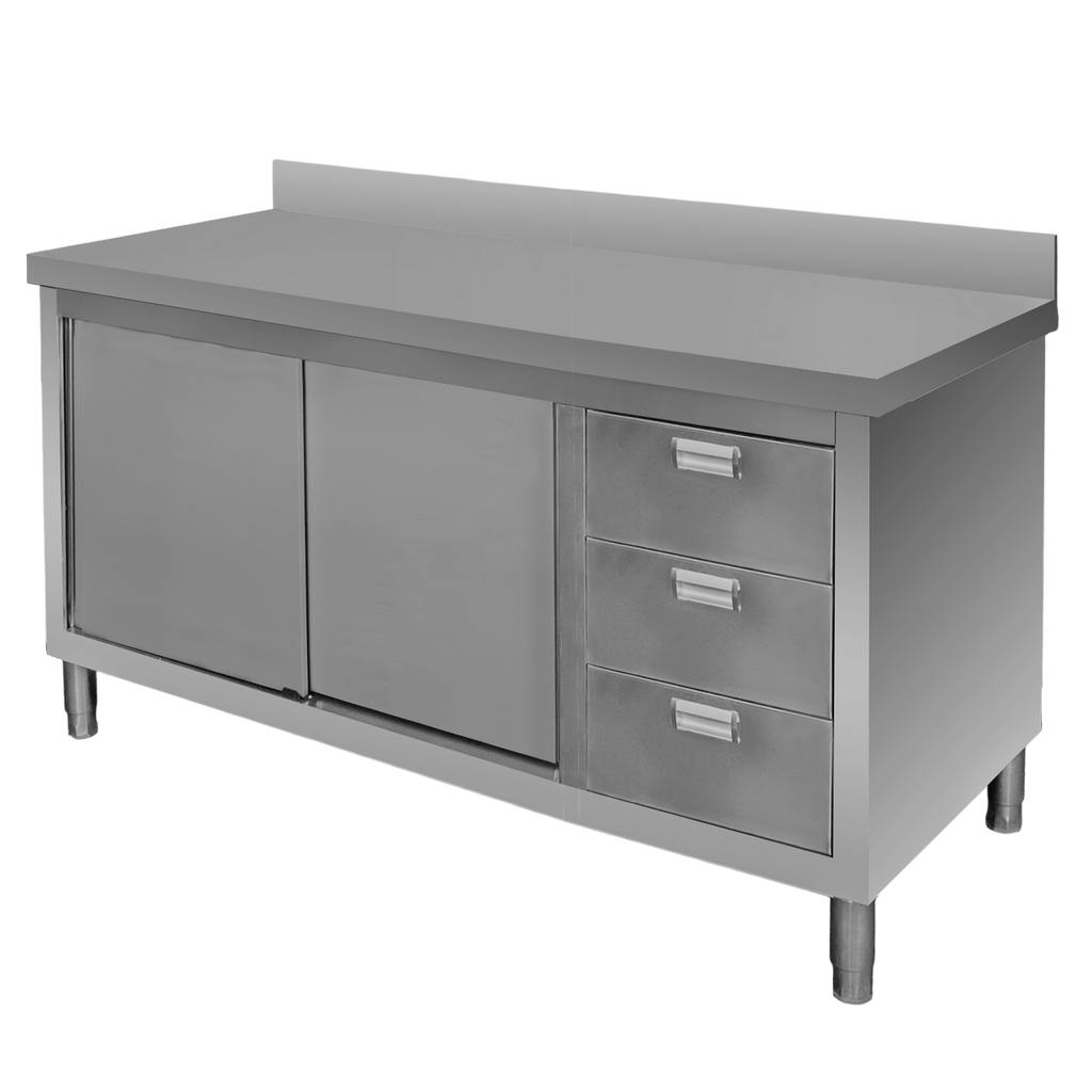 Stol-gastronomiczny-ze-stali-nierdzewnej-przyscienny-z-szafka-i-blokiem-3-szuflad-Mega-M-140x60x85-cm-MTP005097 Nerūdijančio plieno sieninis stalas su spinta ir 3 stalčiais Mega-M 140x60x85 cm