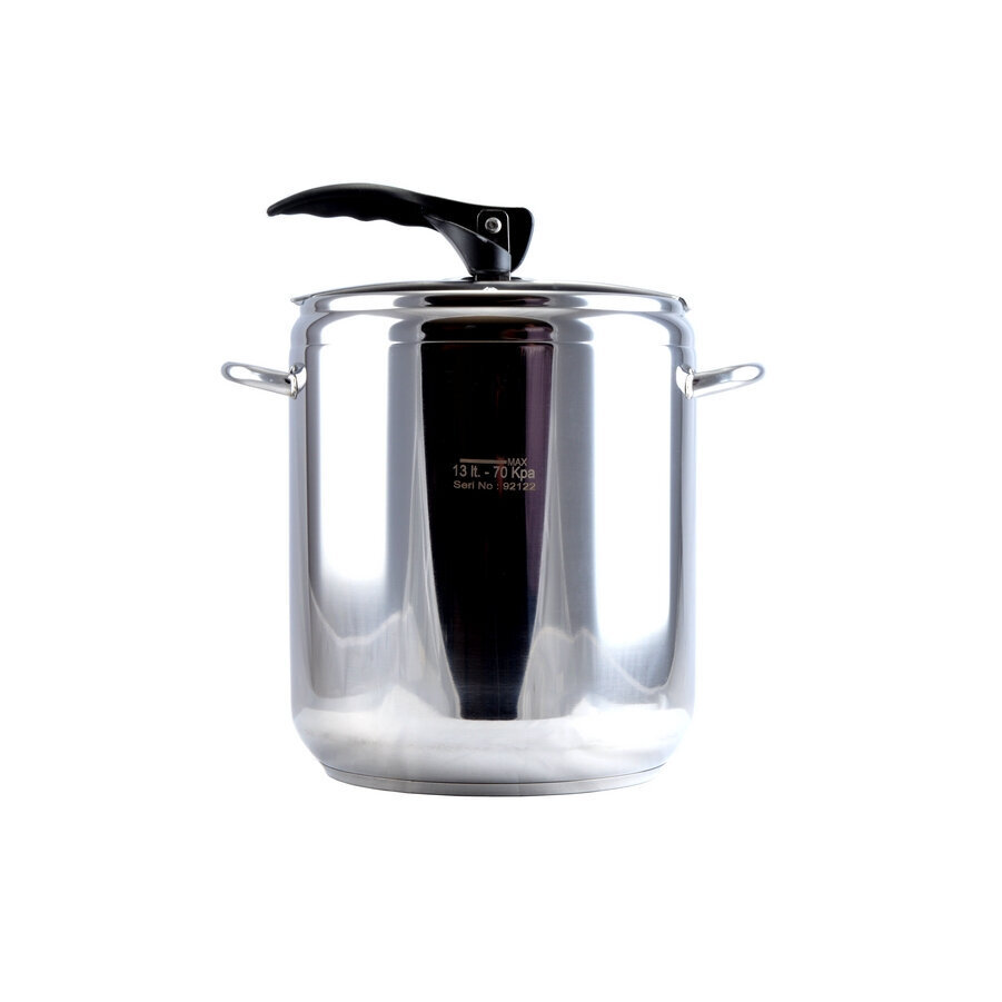 perfect-home-quick-cooker-kukta-greitpuodis-13l-6f1b2_reference Perfect Home Quick Cooker nerūdijančio plieno greitpuodis 13 l, pilkas, su dangčiu, pastatytas ant viryklės, pilnas konservuojamų daržovių