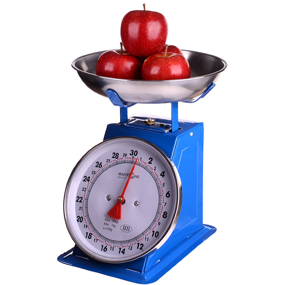 virtuvines-svarstykles-30-kg_reference Metalinės virtuvinės svarstyklės 30 kg, ant platformos padėtas didelis mėsos gabalas, šalia daržovės